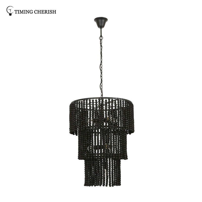 Baikal D600MM 8 Light 3-Tier Wood Beads Pendant Chandelier in Black / White Wash