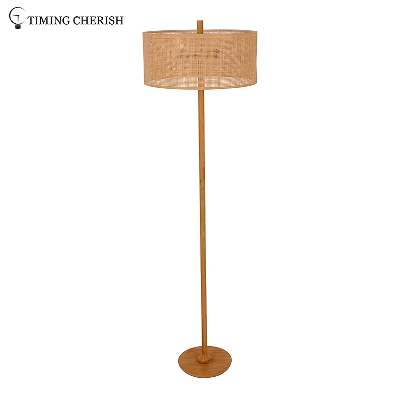 Rhine 2 Light Natural Wood and Tan Wicker Modern Floor Standing Lamp in Natural Wood