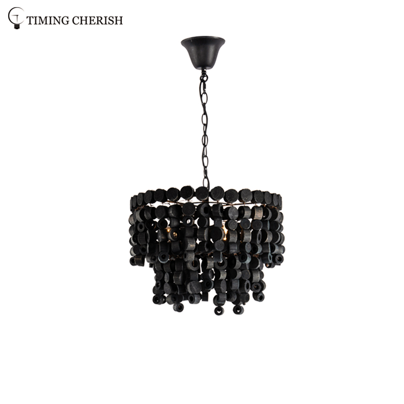 Exclusive Octave 3 Light Handmade Wooden Round Block Hanging Pendant Light in Black